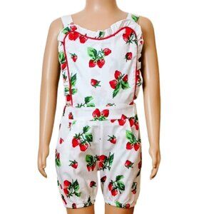 Vintage Strawberry Ruffle Bibbed Romper 3-4 Front Pockets Toddler Jumpsuit